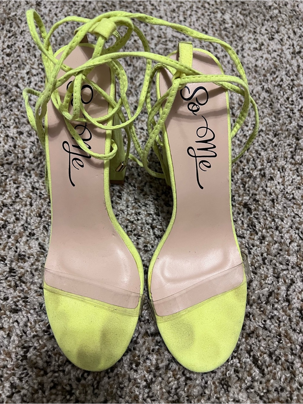 Women Lime green suede heels with clear straps